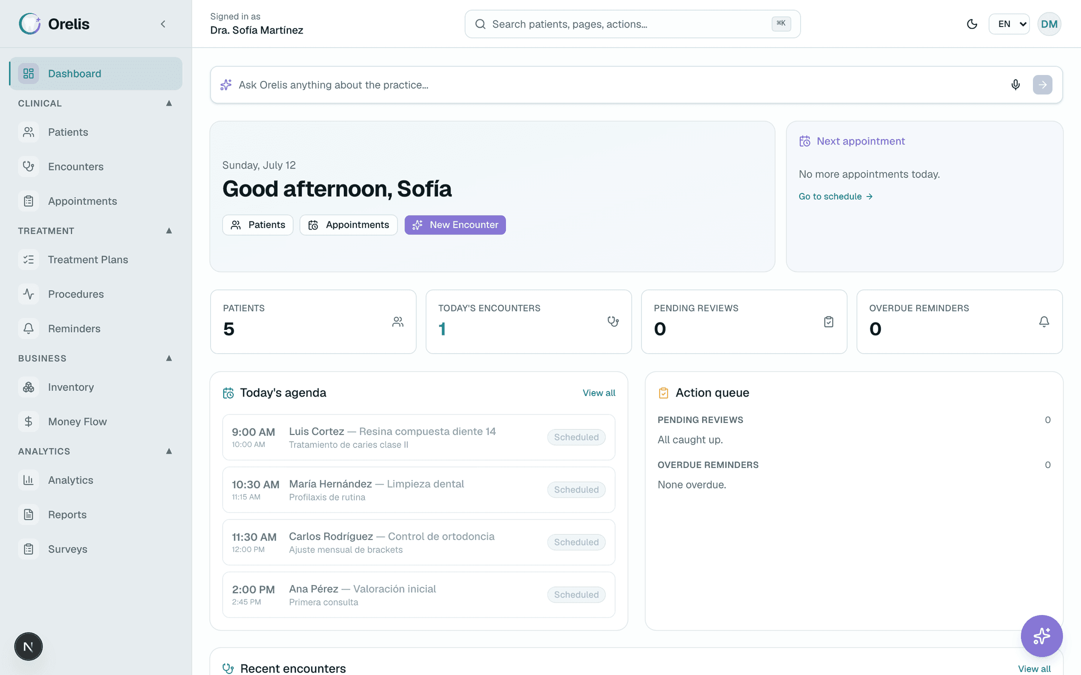 Orelis dashboard showing today's agenda, quick actions, and pending reviews