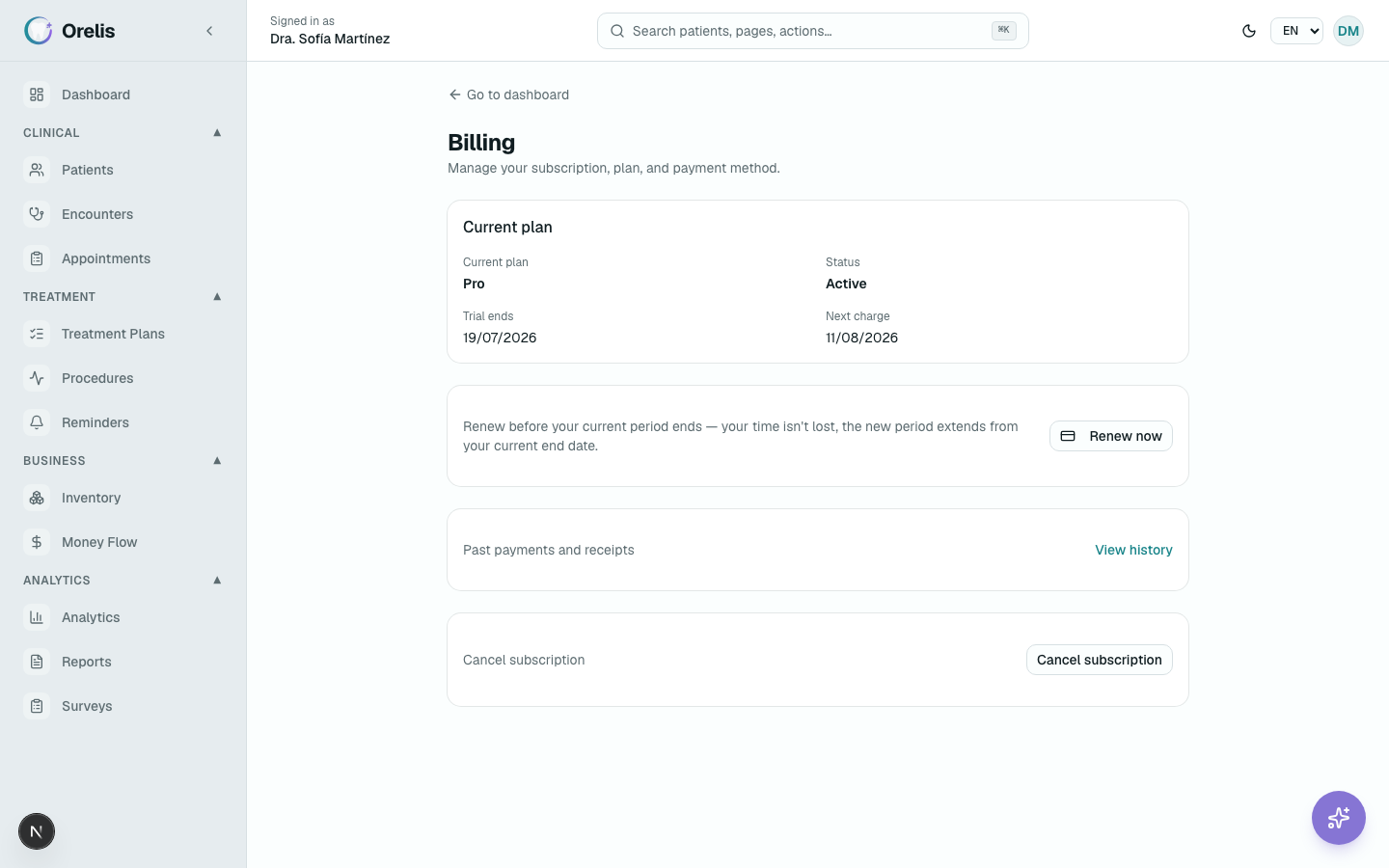 Billing screen with monthly/yearly toggle, plan picker, and Subscribe button.