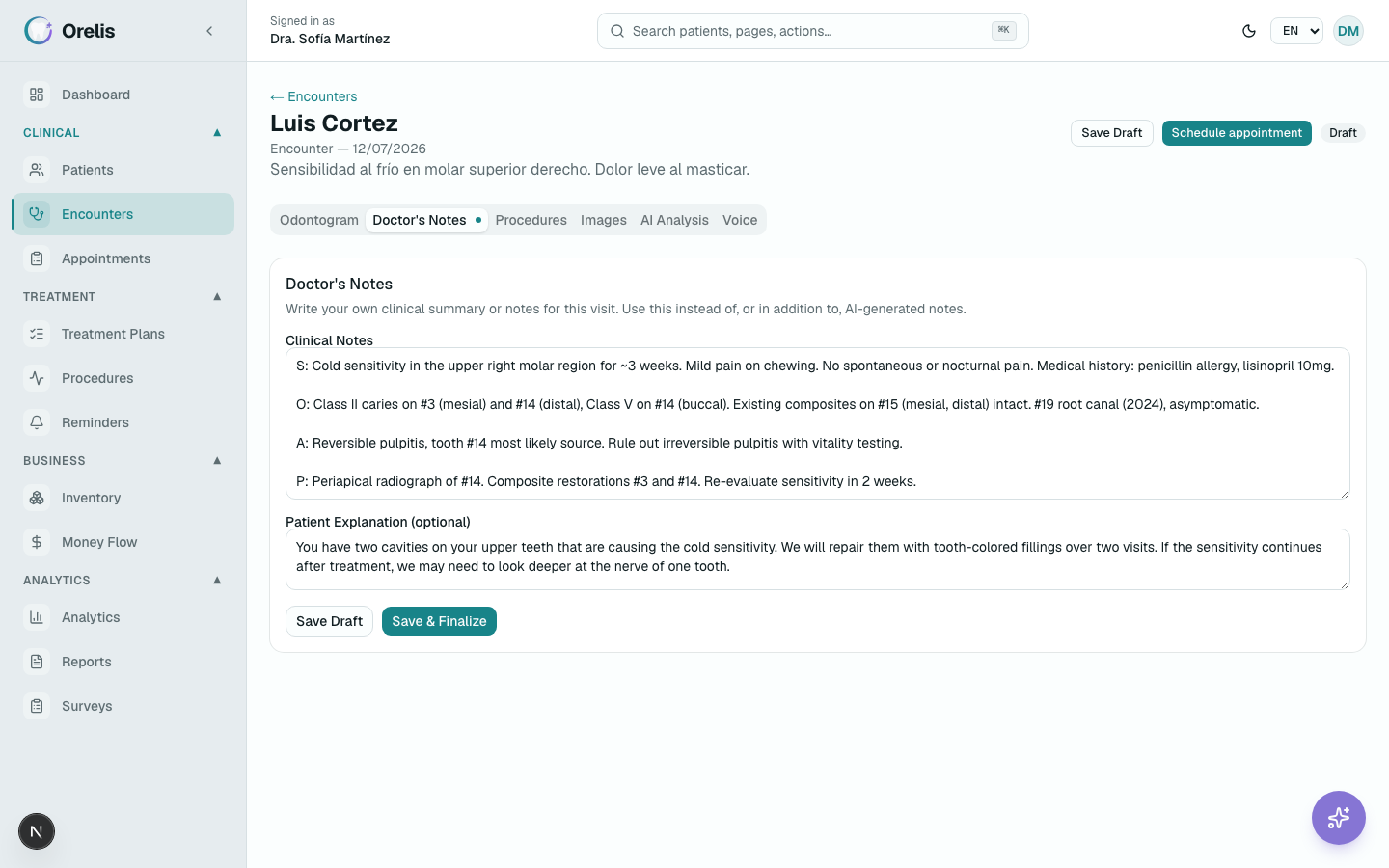 Doctor's Notes tab with the manual note editor.