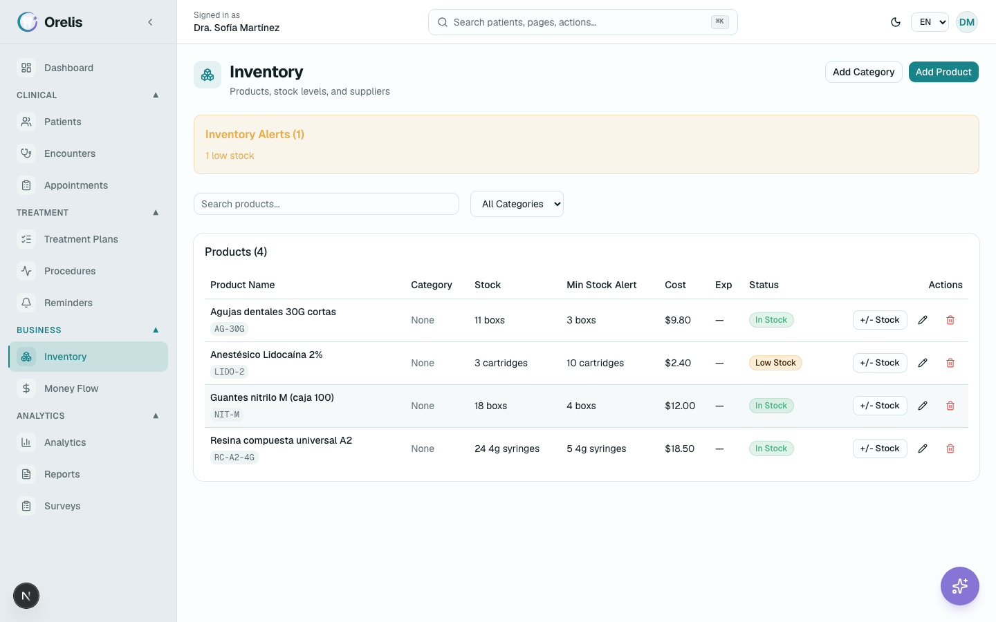 Inventory dashboard with low-stock alerts and the New product form.