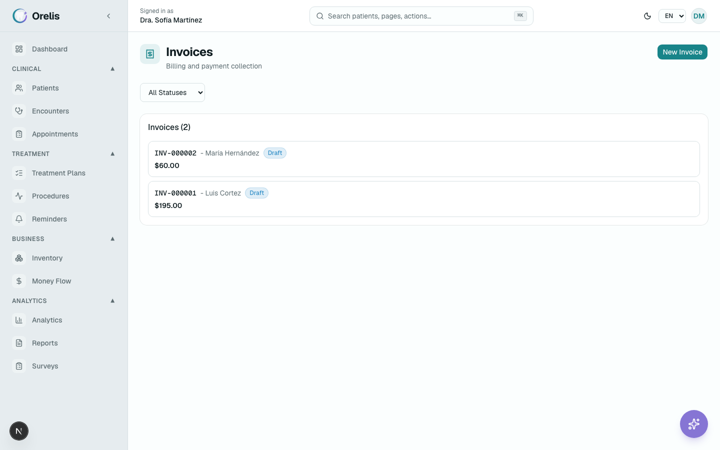 Invoice detail with line items and Link payment button.