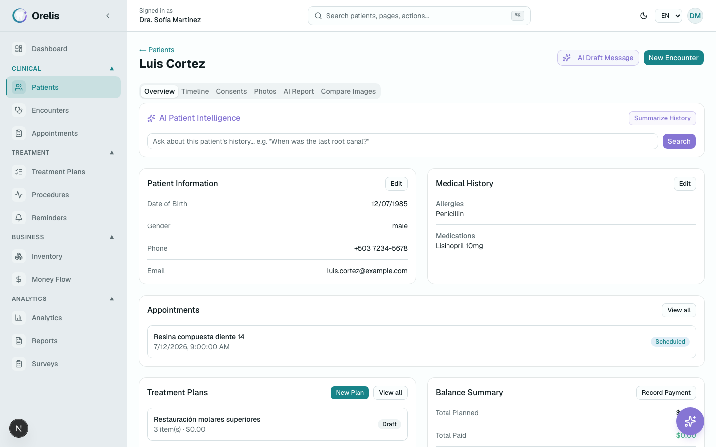 Patient profile with tabs across the top.
