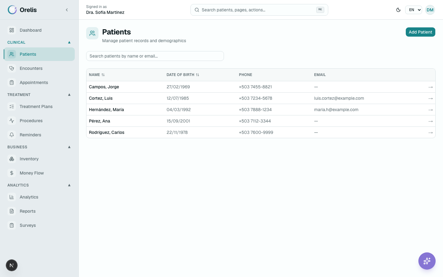 Patient list with search and the New patient form.