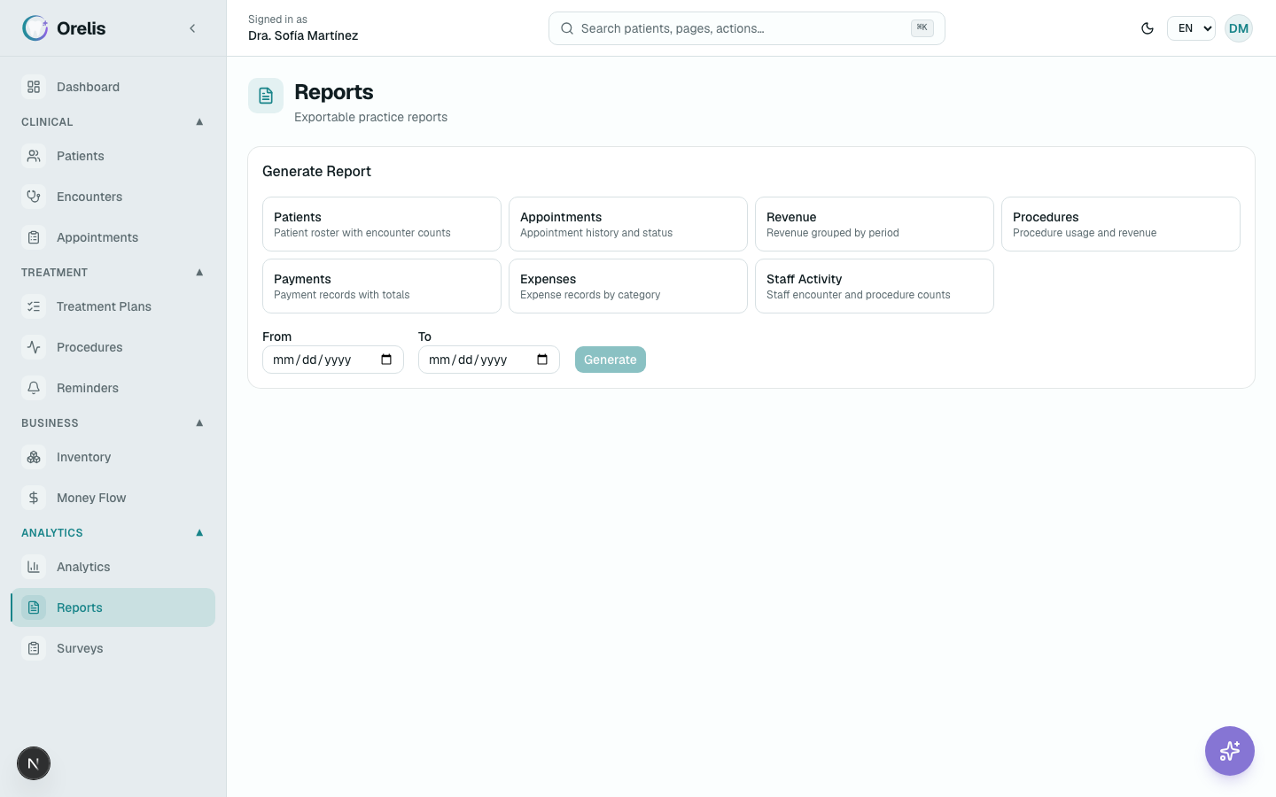 Reports screen with the revenue report, granularity toggle, and Export buttons.