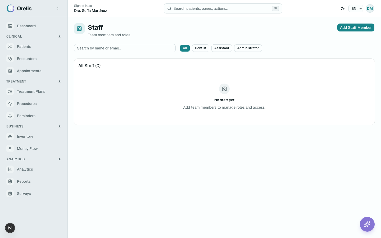 Staff list with the New staff member form and role dropdown.