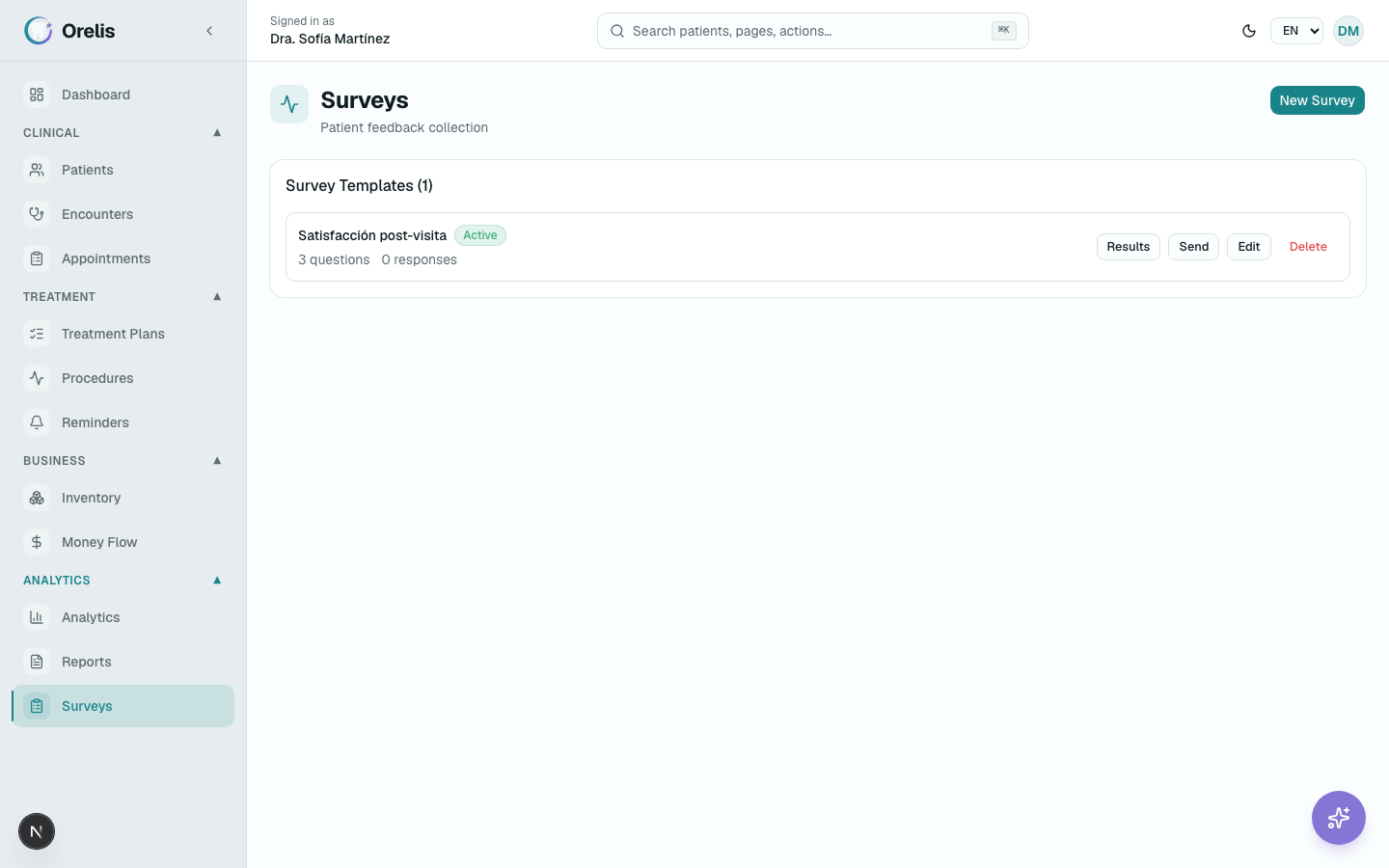 Survey template editor with question types and the Send / Results buttons.