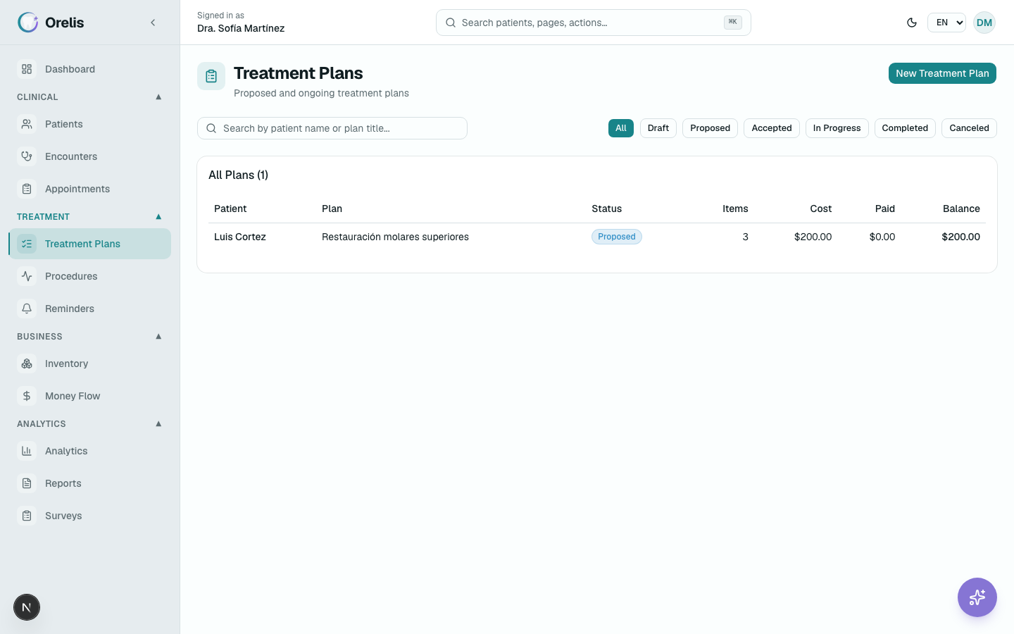 Treatment plan detail with items, statuses, and Generate invoice button.